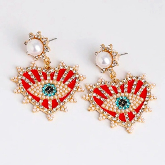 Anthropologie Red Evil Eye Protection Heart Crystal Earrings - Picture 3 of 12